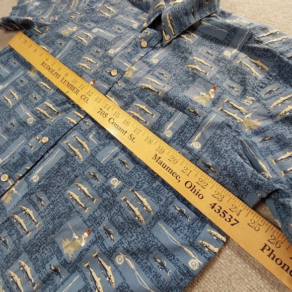 MunsingWear Shirt Mens LARGE Blue Fisherman Rod Fly Fishing Button Short Sleeve - Picture 4 of 8